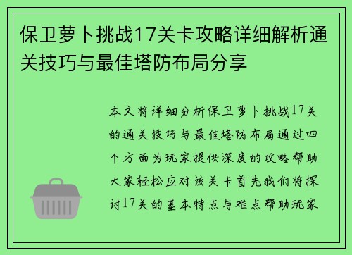 保卫萝卜挑战17关卡攻略详细解析通关技巧与最佳塔防布局分享